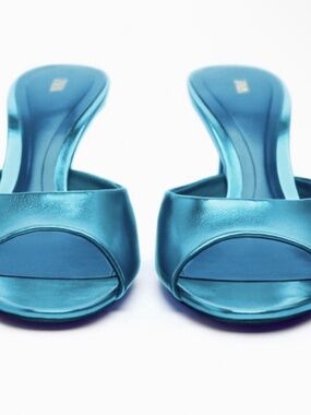 ZARA Metallic Teal Heeled Mules | Padded | NEW Never Worn | Open Toe | Size 39
